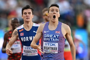 Jake Wightman looks in shock after winning the men’s 1500m final. He is the first British winner of the event since Steve Cram in 1983.