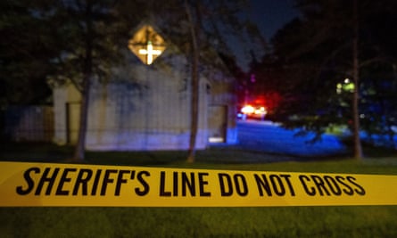Police tape across the grounds of the church in Vestavia near Birmingham, Alabama.
