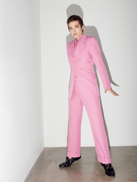 Lera Abova wears blazer, £1,310, shirt, £355, trousers, £435, tie, £145, and shoes, £410, by Gucci.
