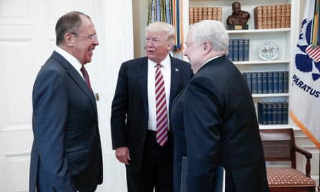Donald Trump speaks with the Russian foreign minister, Sergei Lavrov, left, and the then Russian ambassador to the US, Sergei Kislyak, at the White House in May 2017.