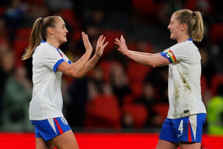 Georgia Stanway (left) celebrates with captain Keira Walsh after scoring England’s fourth