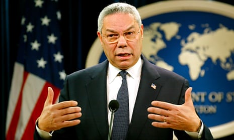 Colin Powell speaks during a 2003  news conference in Washington DC. 