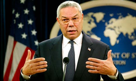 Colin Powell speaking to reporters during a press conference at the state department, Washington, in 2003.