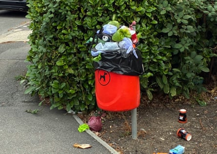 Closeup of an overflowing red dog-waste bin in front of a hedge by a pavement, with bags piled on top and other litter around its base.