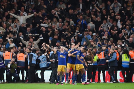 Bruno Guimaraes of Newcastle United celebrates after Alexander Isak of Newcastle United scores the team’s second goal.