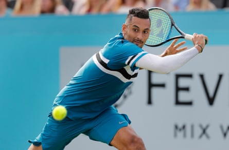 Nick Kyrgios eyes the ball as he lines up a backhand return to Andy Murray.