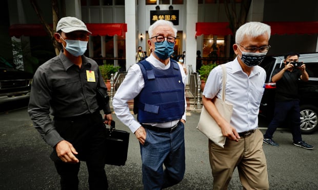 United Microelectronics founder Robert Tsao in a bulletproof vest he wore while announcing his plans for a civil defence force in Taiwan