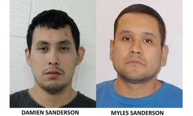 Damien Sanderson, left, and Myles Sanderson are being sought by police in connection with the stabbings.