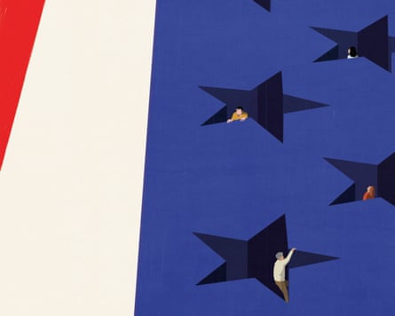 An illustration showing part of the starts and stripes on the US flag with little people peering out of the flags