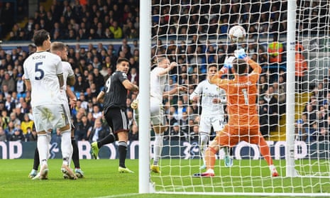 Aleksandar Mitrovic scores Fulham's first goal against Leeds in the Premier League match at Elland Road.