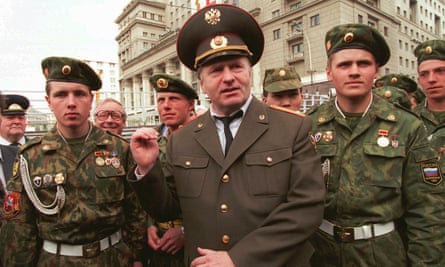 Vladimir Zhirinovsky, centre, in Russian army uniform at the unveiling of a memorial statue of Marshal Georgy Zhukov in Moscow, 1995.