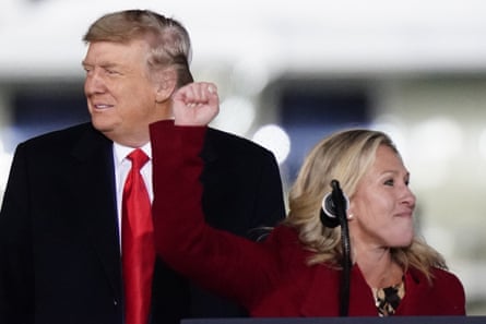 Marjorie Taylor Greene and Donald Trump at a campaign rally for Georgia Republicans in Dalton on 4 January.
