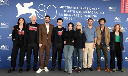 The Venice jury, from left, Laura Poitras, Martin McDonagh, Santiago Mitre, Damien Chazelle, Shu Qi, Jane Campion, Gabriele Mainetti, Saleh Bakri and Mia Hansen-Love.
