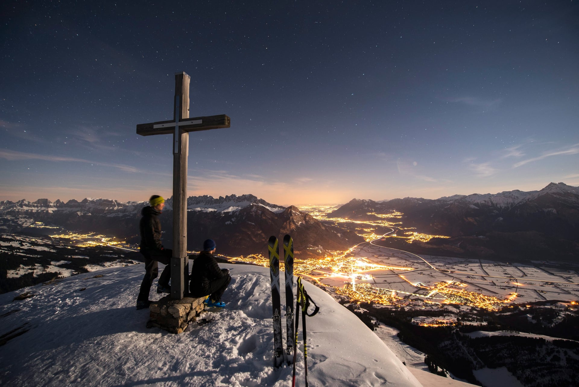 Vilters Wangs Switzerland Two Skiers Enjoy The View From Garmil Peak vilters-wangs-switzerland-two-skiers-enjoy-the-view-from-garmil-peak