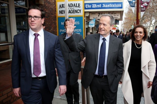 Federal opposition leader Bill Shorten (centre) with member elect for the new seat of Burt, Matt Keogh (left) and Anne Aly.