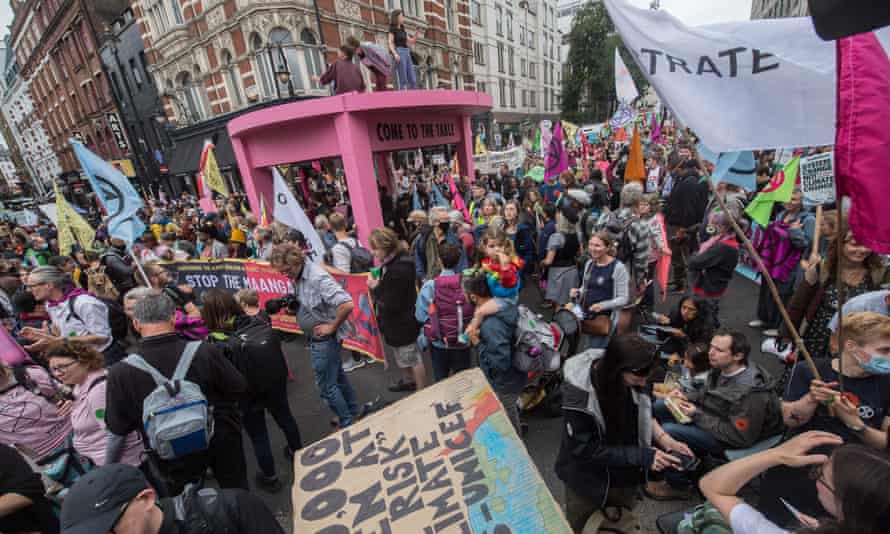The pink table structure set up by Extinction Rebellion climate activists in Covent Garden, London.