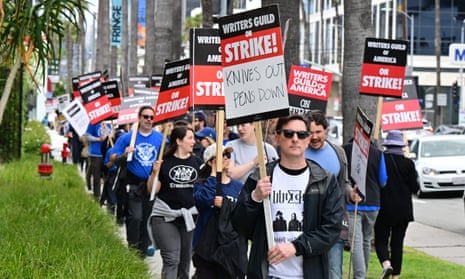 The Writers Guild of America picketers in front of Netflix in Hollywood on 5 May.