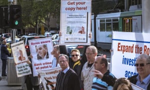 Protesters rally outside the banking royal commission hearing in Melbourne, April 2018.
