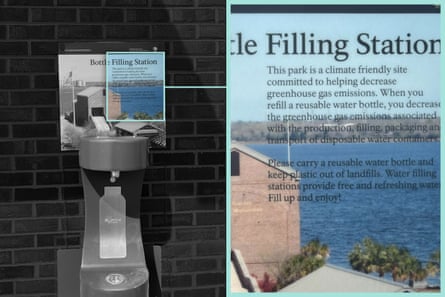 A sign at a water bottle refilling station asking people to reduce plastic waste. Detail on removal