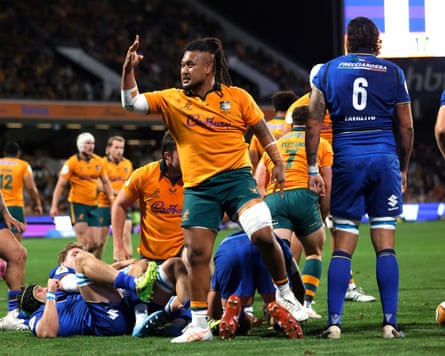 Brandon Paenga-Amosa celebrates a try for the Wallabies during the Nations Championship rugby Test against Italy