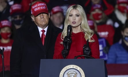 Ivanka Trump speaks at a campaign event while her father, Donald Trump, watches in Kenosha, Wisconsin.