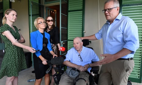 Scott Morrison with his brother-in-law, Gary Warren, at the multiple sclerosis medicine announcement