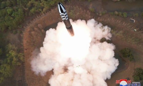 This picture taken on 13 April and released by the Korean Central News Agency (KCNA) shows the test-fire of the new Hwasongpho-18 intercontinental ballistic missile at an undisclosed location.