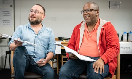Hoping Tracey Ullman will come … from left, Stephen Brackett, the director, and Jackson at rehearsals.