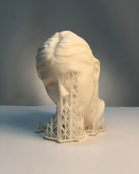 One of Hoda Afshar’s busts with the 3D printing structure still intact.