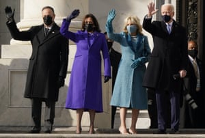 Both the president and second gentleman wore Ralph Lauren, Kamala Harris wore a purple coat and dress by Christopher John Rogers and Sergio Hudson, whilst Jill Biden wore an ensemble designed by Alexandra O’Neill.