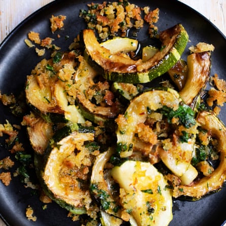Roast marrow, lemon and basil pangrattato.