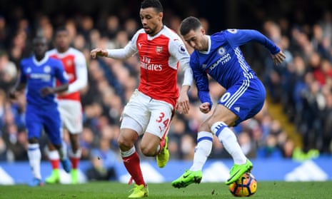 Eden Hazard gives Francis Coquelin a tough time during Chelsea’s 3-1 win over Arsenal at Stamford Bridge.