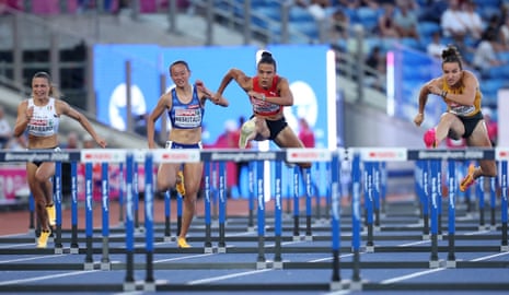 Italy's Elena Carraro, Switzerland's Ditaji Kambundji, Finland's Saara Keskitalo and Germany's Rosina Schneider in action during their women's 100m hurdles semi-final.
