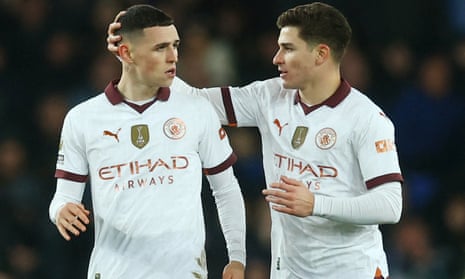 Manchester City’s Phil Foden celebrates with Julian Alvarez after getting the visitors back on level terms.