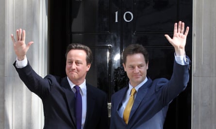 Nick Clegg at 10 Downing Street with David Cameron on the first day of coalition government.