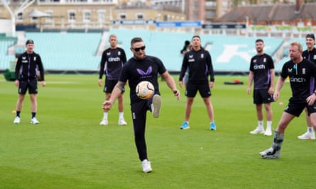 Brendon McCullum playing football with the England team at the Oval