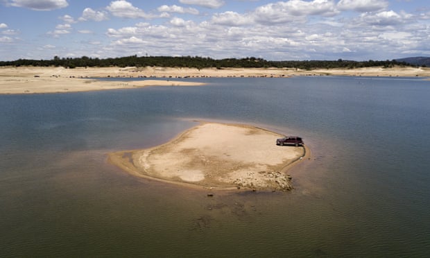 A newly revealed piece of land due to receding waters at the drought-stricken Folsom Lake in Granite Bay, California.
