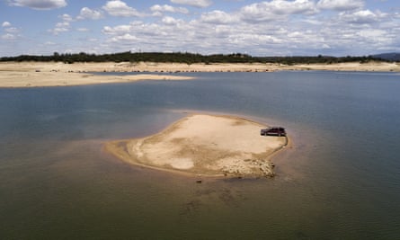A newly revealed piece of land due to receding waters Folsom Lake in Granite Bay, California, where a drought emergency has been declared for most of the state.