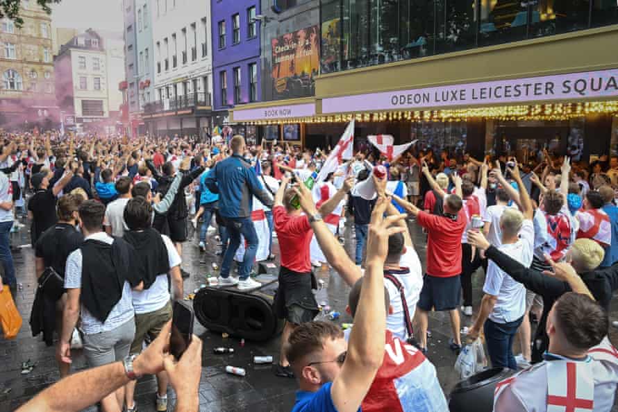 England fans gather in Leicester Square ahead of the Euro 2020 final against Italy.