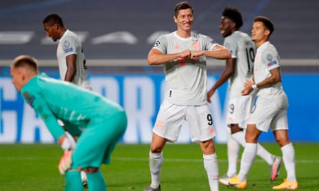 Bayern Munich’s Robert Lewandowski celebrates after scoring his team’s sixth goal.