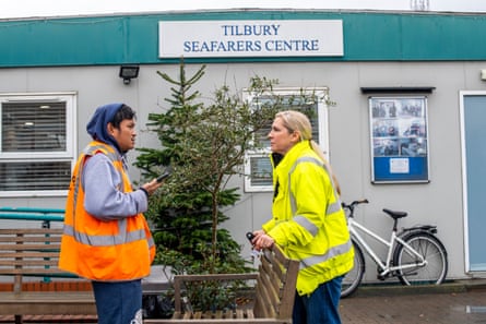 Ruth Campbell, port chaplain at Tilbury, delivering Christmas presents to seafarers at the grain terminal.