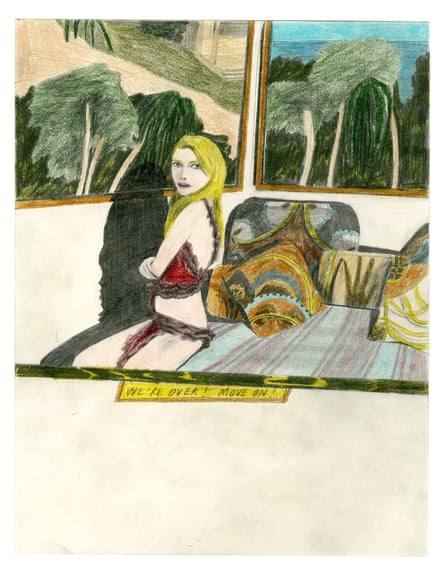 Illustration shows a woman in underwear sitting on the side of a bed looking at the viewer over her right shoulder. Caption reads: ‘We’re over! Move on!’