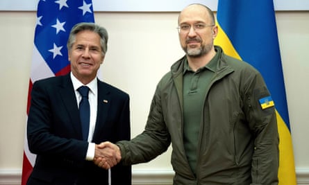 Antony Blinken (left) shakes hands with Ukraine’s prime minister, Denys Shmyhal, before their meeting in Kyiv