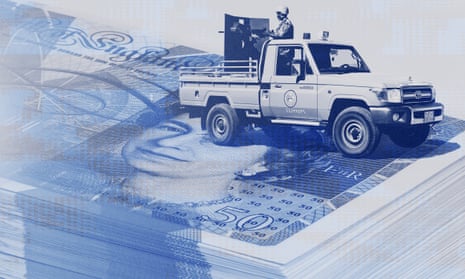 Composite of national guards in pickup truck and pound notes