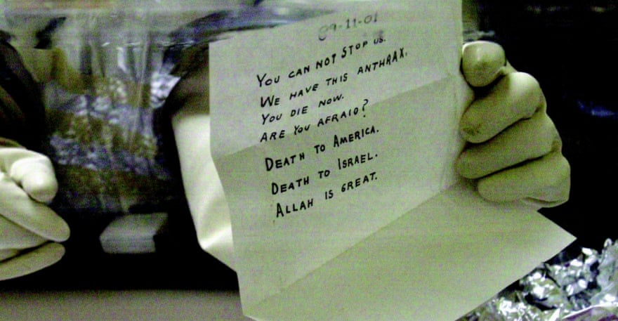 A letter reading “You can not stop us. We have the anthrax. You die now.” in The Anthrax Attacks.