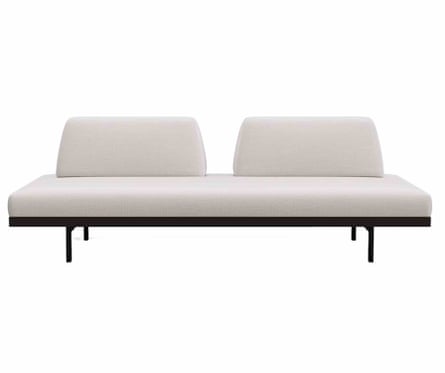 A sofa that has a metal frame and white cushion bed. Atop of the bed are two white back rest cushions.