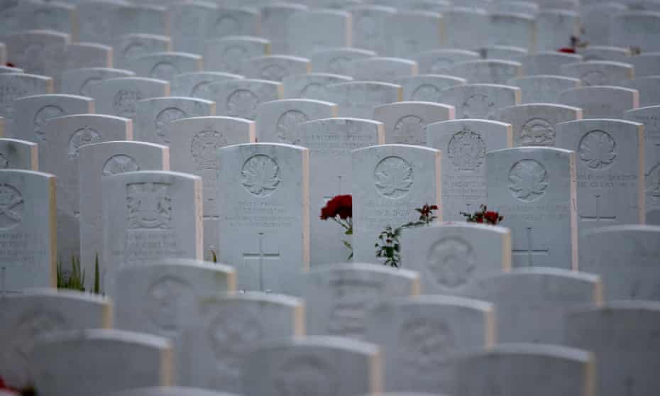 Rows of headstones marking the graves at Tyne Cot Commonwealth War Graves Commission Cemetery on on August 3, 2014 in Passchendaele, Belgium