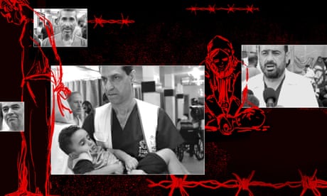 A composite illustration with photos of four men in medical clothing