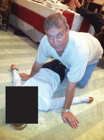 A photo recently disclosed of Andrew crouching on all fours, barefoot and smiling, over an unidentified woman lying on the floor.