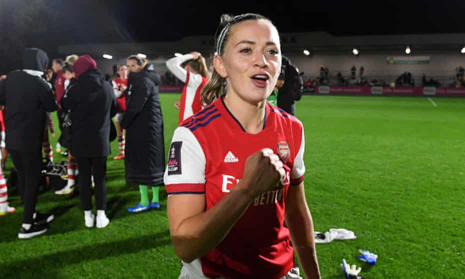 Katie McCabe enjoys Arsenal’s FA Cup semi-final win at home to Arsenal last Sunday.